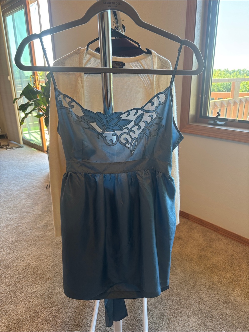 Anthropologie 100% silk navy blue embroidered slip mini dress